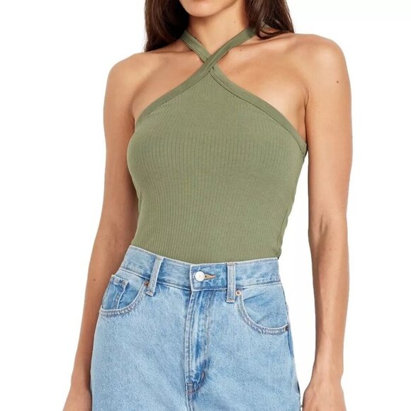 Old Navy Tops - Old Navy Green Ribbed‎ Knit Sleeveless Cross Strap Halter Tank Top Womens XL NWT